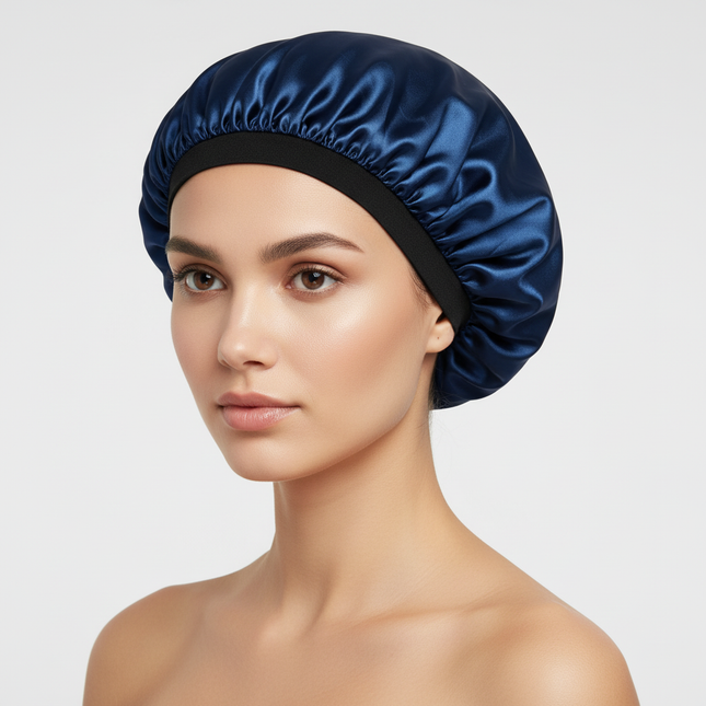 Adjustable Double Layer Satin Bonnet Nightcap Doubleside Women Round Shower Caps Night Sleep Soft Smooth Hat Solid Black Lining