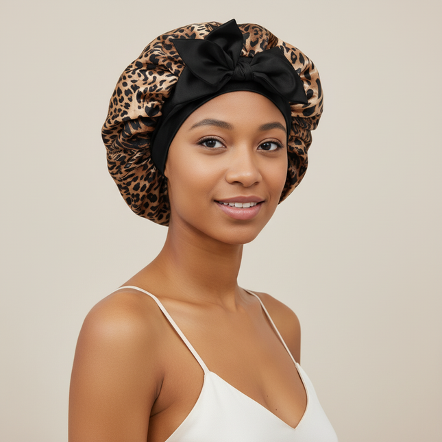 10 Pcs Cheetah-Print Satin Silk Bonnet for Sleeping Cute Bonnet with Long Strap Tie Band Adjustable Sleep Night Cap Hair Bonnet