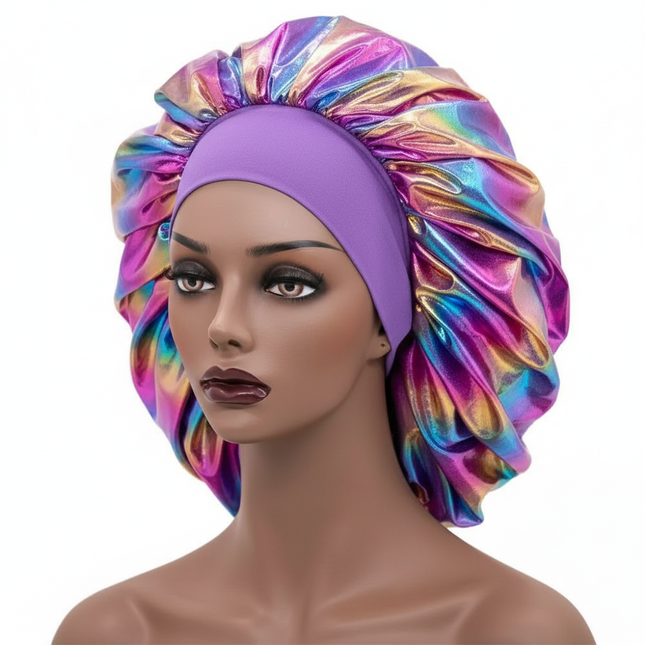 Women Large Sleeping Cap Laser Color Satin Elastic Bonnet Silky Bonnets Muslim Hijabs Lady Shower Cap Beauty Hair Care Cap