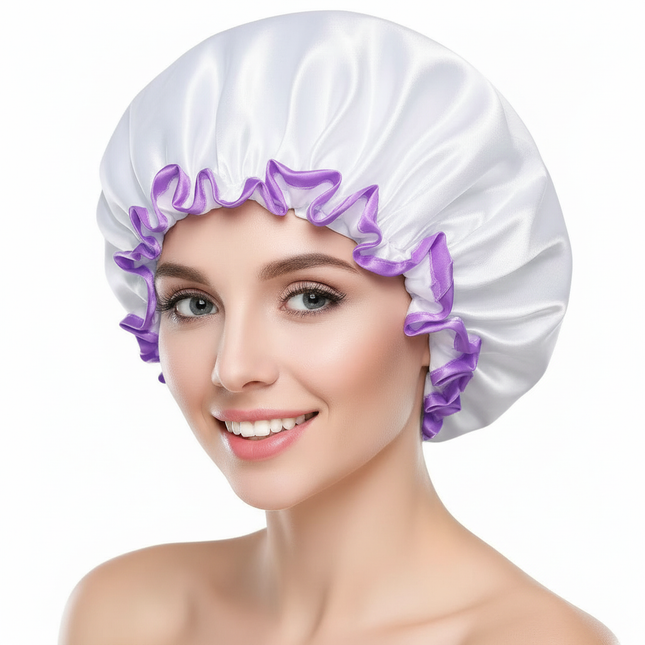 Large Female Shower Cap Solid Color Satin Double Layer Waterproof Bath Cap Peva Hair Baking Oil Cap Care Cap Shower Cap