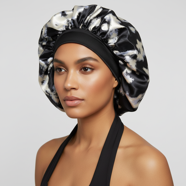 Patterned Satin Silk Sleep Bonnet for Women Long Curly Hair | Adjustable Tie Night Cap Maternity Hair Care Anti-Frizz