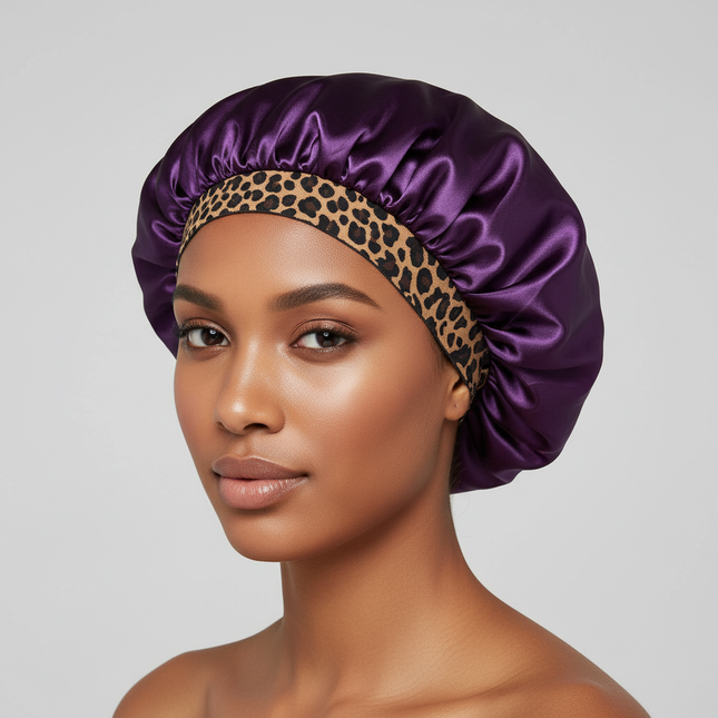 2024 New Fashion Satin Sleeping Hat Night Sleep Hair Care Bonnet Nightcap Popular Leopard Silk Wide-Brimmed Shower Cap