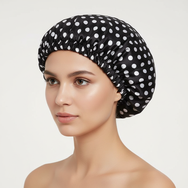 1PC Waterproof Shower Cap Leopard Print Double Layer Elastic Shower Hair Cover Reusable Wave Point Shower Cap Bathroom Supplies