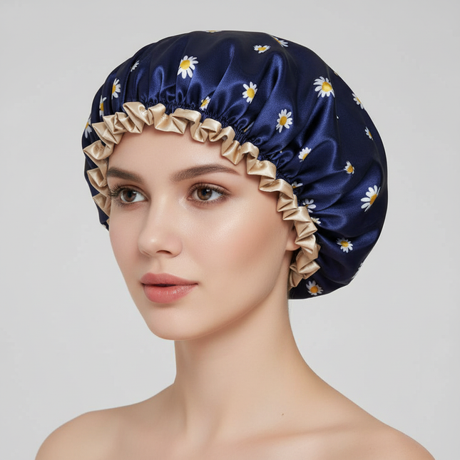 Satin Lined Shower Cap Adjustable Waterproof Bath Hair Bonnet with Silky Fabric for Women Travel