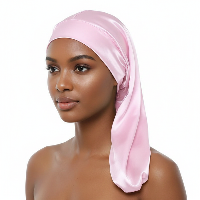 1Pc Simulated Silk Sleeping Hat Curly Hair Oversized Hat Braided Satin Hat Women's Silk Long Barrel Elastic Hairband Hat