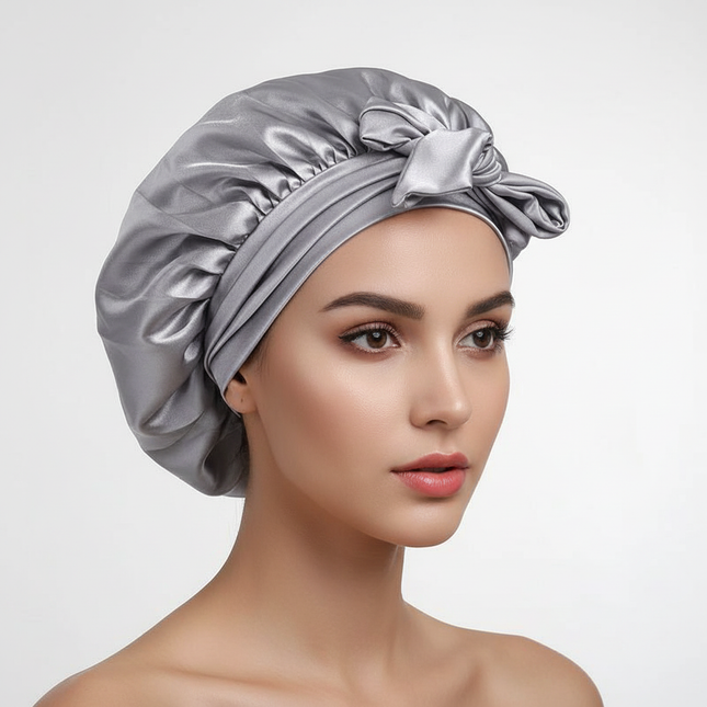 Exquisite Elegant Satin Lined Bonnet Double Layered Ribbon Round Hat Wide Brimmed Bath Hat Black Sleep Cap for Women Curly Hair