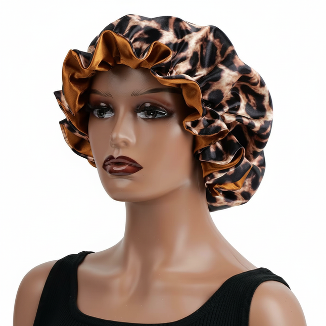 1PC Hair Bonnet Printed Leopard Double Layer Satin Splicing Hair Bonnet For Sleeping For Curly And Straight Hair