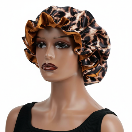 1PC Hair Bonnet Printed Leopard Double Layer Satin Splicing Hair Bonnet For Sleeping For Curly And Straight Hair