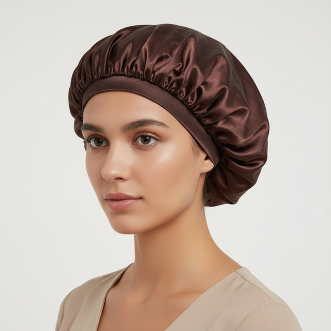 Adjustable Double Layer Satin Bonnet Nightcap Doubleside Women Round Shower Caps Night Sleep Soft Smooth Hat Solid Black Lining