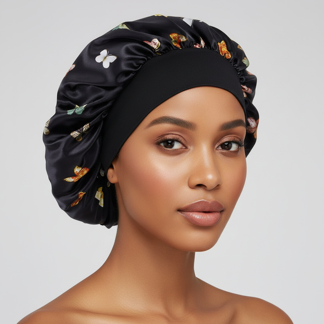 Butterfly Print Satin Sleeping Cap Wide Brim Nightcap Hair Care Turban Chemo Hat for Washing Face Skin-caring Make-up