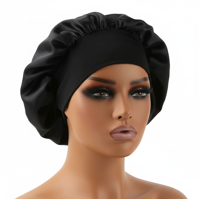 Normal adult sized Head Wrap Elastic Band Bonnet sleep cap Satin Silky Bonnet Sleep Black Pink color choice