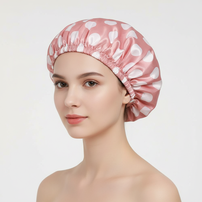 Women's Large Double-layer Shower Cap Printed Bonnet Waterproof Bath Caps with Hair Tie Suitable for Spa Salon