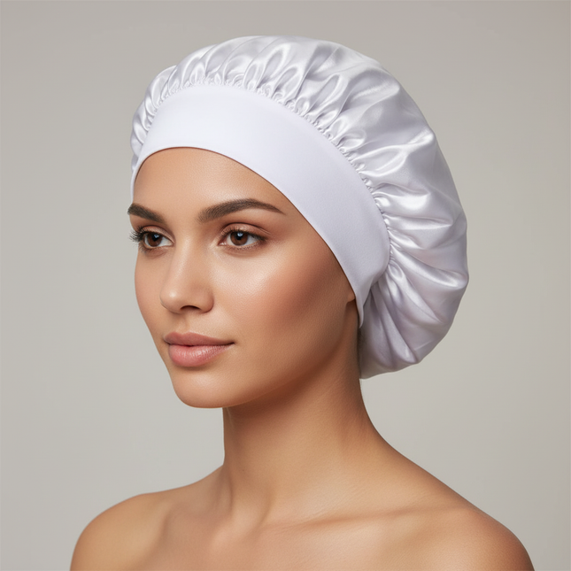 Women Satin Bonnet Hair Bonnet for Sleeping Hair Care Silk Bonnets Solid Wide-brimmed Sleeping Hat with Elastic Soft Band