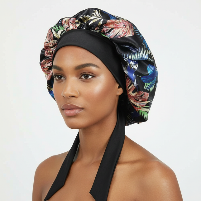 Patterned Satin Silk Sleep Bonnet for Women Long Curly Hair | Adjustable Tie Night Cap Maternity Hair Care Anti-Frizz