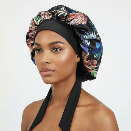 Patterned Satin Silk Sleep Bonnet for Women Long Curly Hair | Adjustable Tie Night Cap Maternity Hair Care Anti-Frizz