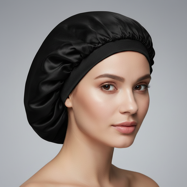 Black Simulated Silk Dry Hair Cap for Women with Long Hair, Absorbent Polyester Fiber Dry Hair Elastic Satin Hair Cap Shower Cap