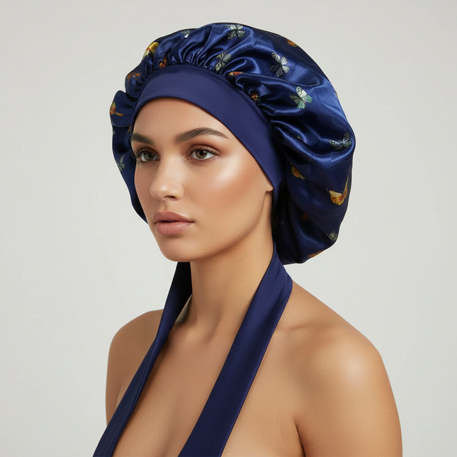 Patterned Satin Silk Sleep Bonnet for Women Long Curly Hair | Adjustable Tie Night Cap Maternity Hair Care Anti-Frizz