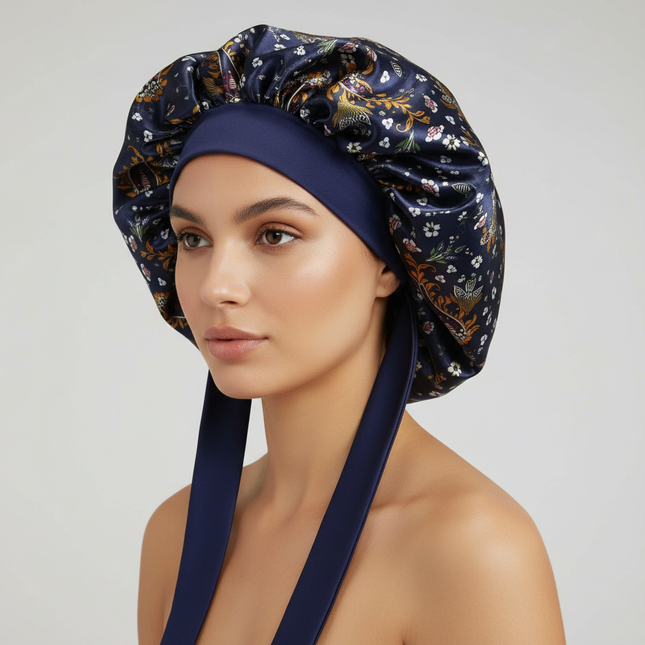 Patterned Satin Silk Sleep Bonnet for Women Long Curly Hair | Adjustable Tie Night Cap Maternity Hair Care Anti-Frizz