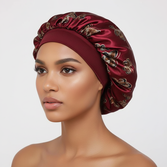 Butterfly Print Satin Sleeping Cap Wide Brim Nightcap Hair Care Turban Chemo Hat for Washing Face Skin-caring Make-up