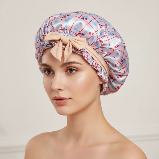 Two-Piece Set Silk Bonnet for Sleeping Women, Printing Satin Hair Shower Cap Tie Band Adjustable Straps Head Wrap for Curly Hair