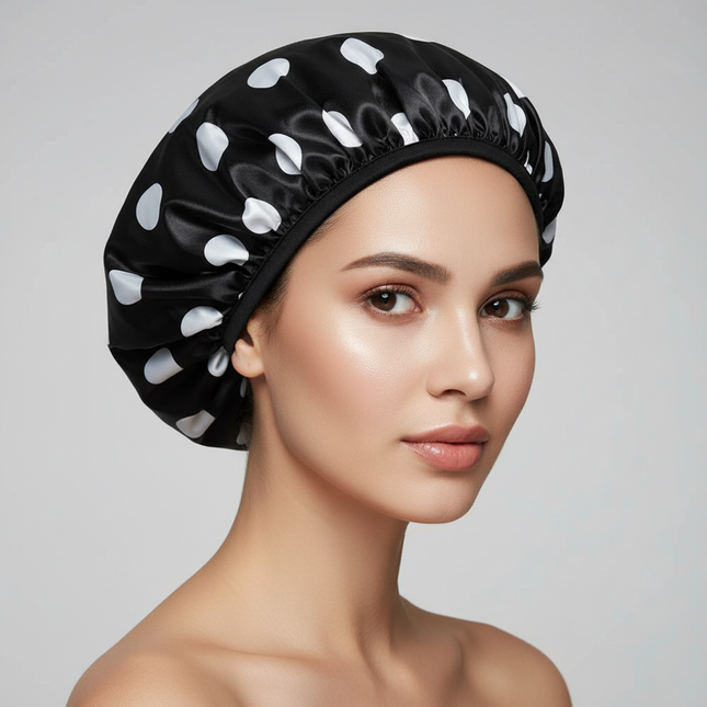 Women's Large Double-layer Shower Cap Printed Bonnet Waterproof Bath Caps with Hair Tie Suitable for Spa Salon