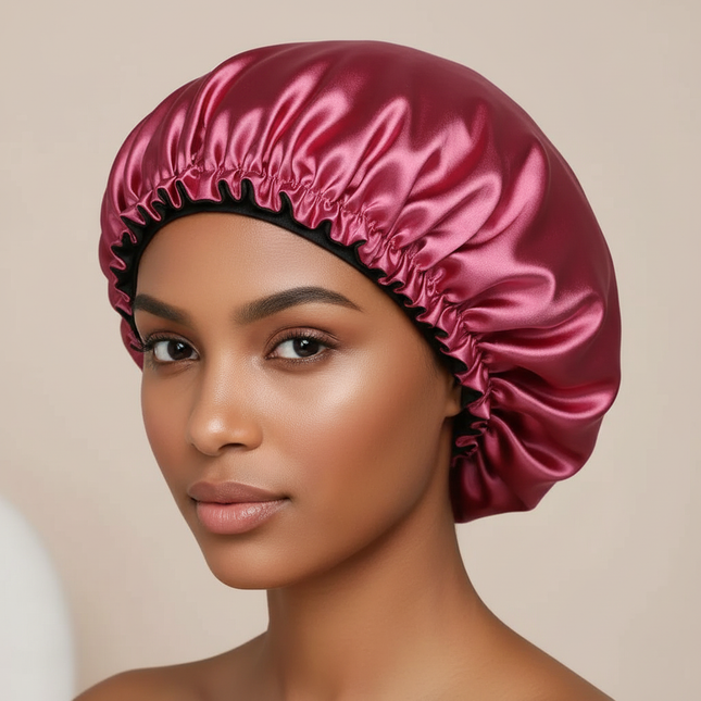 Adjustable Double Layer Satin Bonnet Nightcap Doubleside Women Round Shower Caps Night Sleep Polyester Hat Solid Black Lining