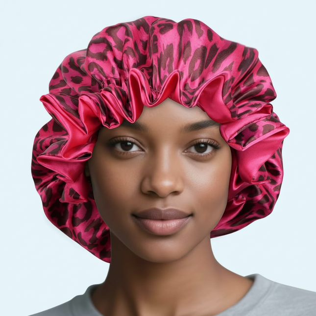 1PC Hair Bonnet Printed Leopard Double Layer Satin Splicing Hair Bonnet For Sleeping For Curly And Straight Hair