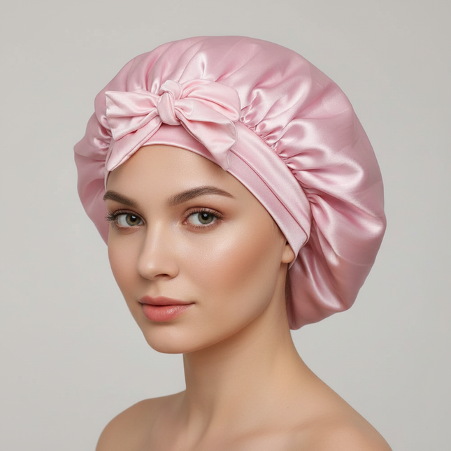Exquisite Elegant Satin Lined Bonnet Double Layered Ribbon Round Hat Wide Brimmed Bath Hat Black Sleep Cap for Women Curly Hair