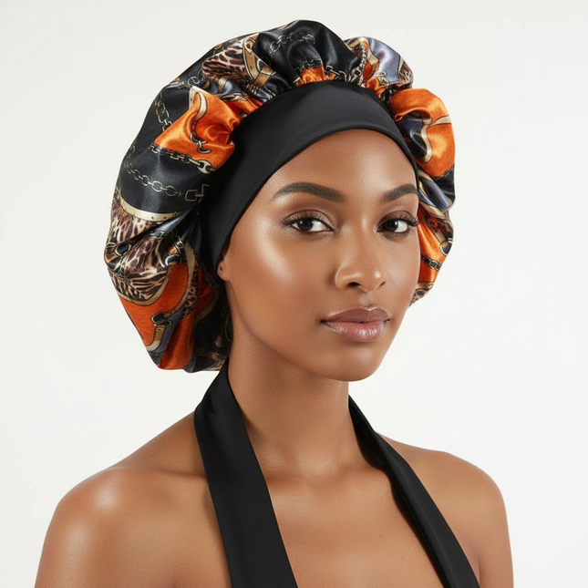 Patterned Satin Silk Sleep Bonnet for Women Long Curly Hair | Adjustable Tie Night Cap Maternity Hair Care Anti-Frizz