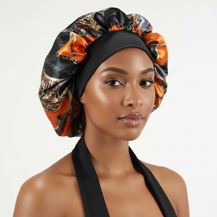 Patterned Satin Silk Sleep Bonnet for Women Long Curly Hair | Adjustable Tie Night Cap Maternity Hair Care Anti-Frizz