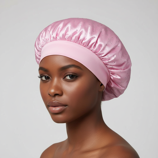 Elegant Wide Band Satin Sleep Hat Soft Adjustable Elasticity Salon Headwrap Rhinestone Decorated Makeup Headband Hair Care