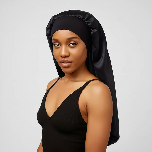 Soft Black Satin Hair Bonnet for Sleep & Shower - Elastic, Comfortable Wrap for Hair Protection and Style Preservation