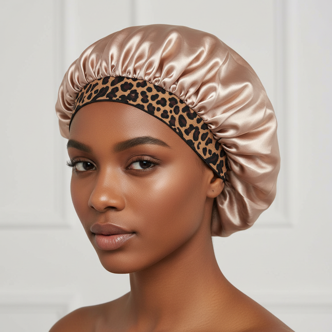 2024 New Fashion Satin Sleeping Hat Night Sleep Hair Care Bonnet Nightcap Popular Leopard Silk Wide-Brimmed Shower Cap