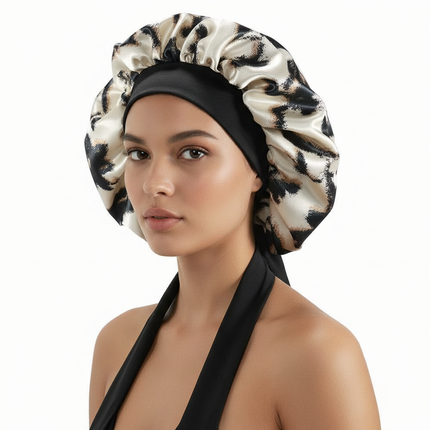 Patterned Satin Silk Sleep Bonnet for Women Long Curly Hair | Adjustable Tie Night Cap Maternity Hair Care Anti-Frizz