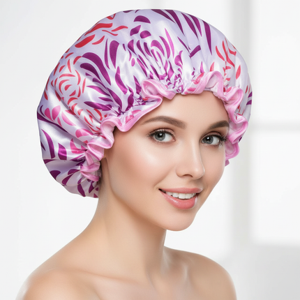 Large Female Shower Cap Solid Color Satin Double Layer Waterproof Bath Cap Peva Hair Baking Oil Cap Care Cap Shower Cap