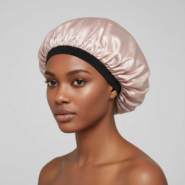 Adjustable Double Layer Satin Bonnet Nightcap Doubleside Women Round Shower Caps Night Sleep Soft Smooth Hat Solid Black Lining
