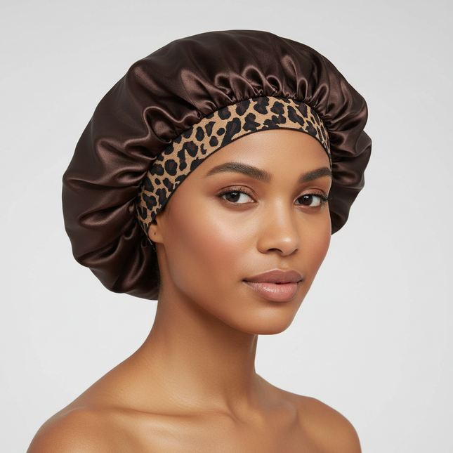 2024 New Fashion Satin Sleeping Hat Night Sleep Hair Care Bonnet Nightcap Popular Leopard Silk Wide-Brimmed Shower Cap