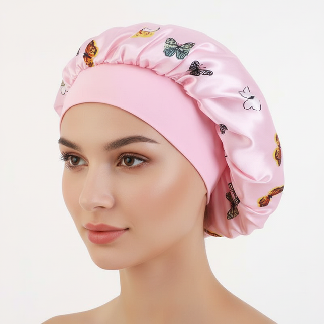 Butterfly Print Satin Sleeping Cap Wide Brim Nightcap Hair Care Turban Chemo Hat for Washing Face Skin-caring Make-up