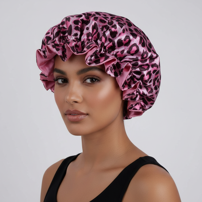 1PC Hair Bonnet Printed Leopard Double Layer Satin Splicing Hair Bonnet For Sleeping For Curly And Straight Hair