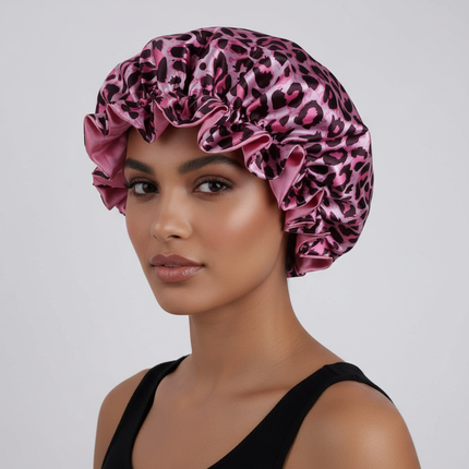 1PC Hair Bonnet Printed Leopard Double Layer Satin Splicing Hair Bonnet For Sleeping For Curly And Straight Hair