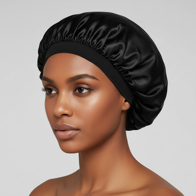 Adjustable Double Layer Satin Bonnet Nightcap Doubleside Women Round Shower Caps Night Sleep Polyester Hat Solid Black Lining