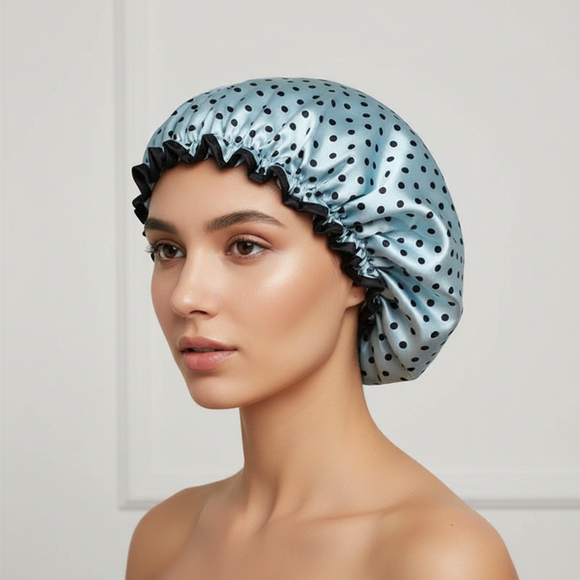 25cm Double Layer Waterproof Bath Hat Satin Cloth Shower Cap Round Dot Shower Hair Cover Women Supplies Hair Salon Bathing Caps