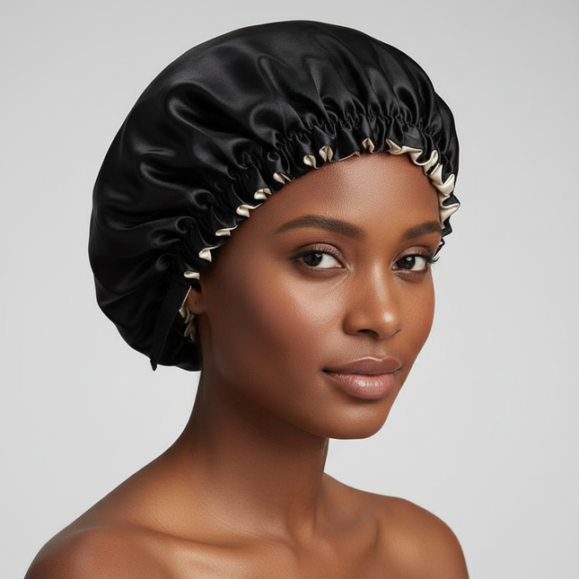 Adjustable Double Layer Satin Bonnet Nightcap Doubleside Women Round Shower Caps Night Sleep Soft Smooth Hat Solid Black Lining