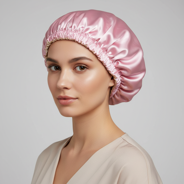 Adjustable Double Layer Satin Bonnet Nightcap Doubleside Women Round Shower Caps Night Sleep Soft Smooth Hat Solid Black Lining