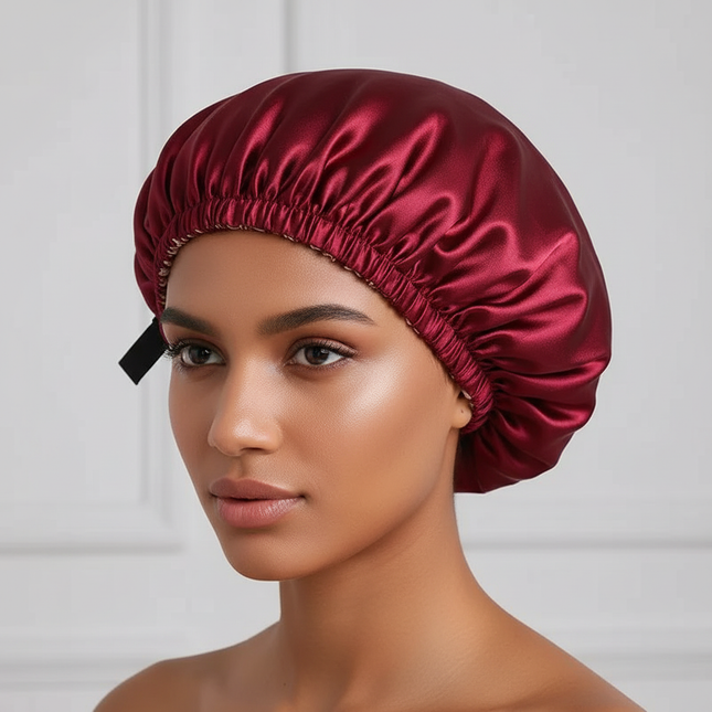 Adjustable Double Layer Satin Bonnet Nightcap Doubleside Women Round Shower Caps Night Sleep Soft Smooth Hat Solid Black Lining