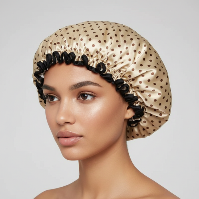 25cm Double Layer Waterproof Bath Hat Satin Cloth Shower Cap Round Dot Shower Hair Cover Women Supplies Hair Salon Bathing Caps