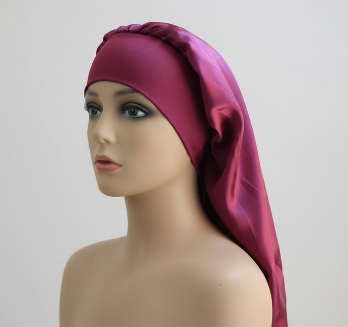 1Pc Simulated Silk Sleeping Hat Curly Hair Oversized Hat Braided Satin Hat Women's Silk Long Barrel Elastic Hairband Hat