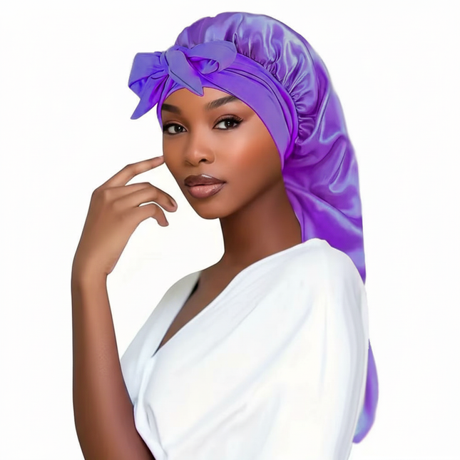 Bowknot Braid Bonnet, Unscented Satin Sleep Cap with Elastic Band and Long Tie for Women - Breathable Night Hair Bonnet