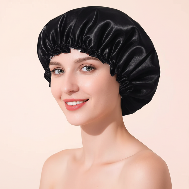 Large Female Shower Cap Solid Color Satin Double Layer Waterproof Bath Cap Peva Hair Baking Oil Cap Care Cap Shower Cap