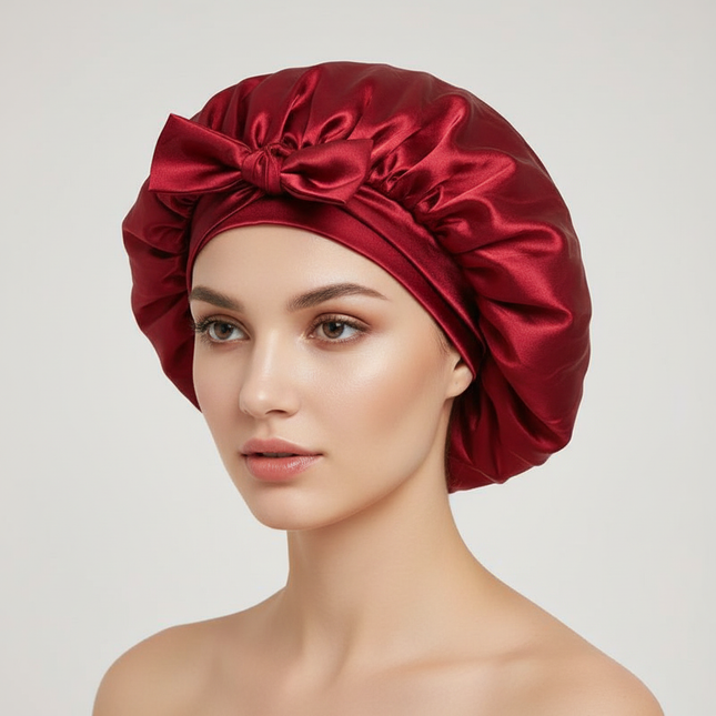 Exquisite Elegant Satin Lined Bonnet Double Layered Ribbon Round Hat Wide Brimmed Bath Hat Black Sleep Cap for Women Curly Hair